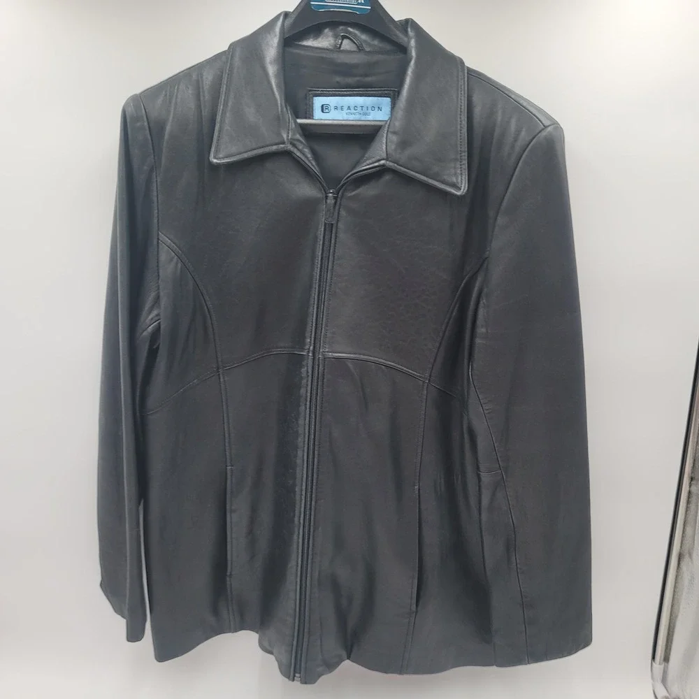 Kenneth Cole Reaction Mens Black Leather Full Zip Jacket XL Point Collar Lined